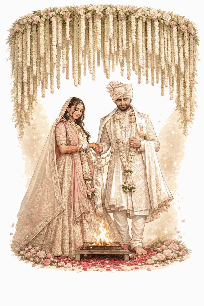 Hand illustrated couple at their pheras beneath a garland canopy